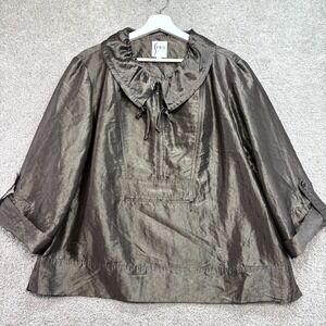 Finley Blazer Womens Large Brown Metallic Side Slit Roll Tab Sleeve Half Zip